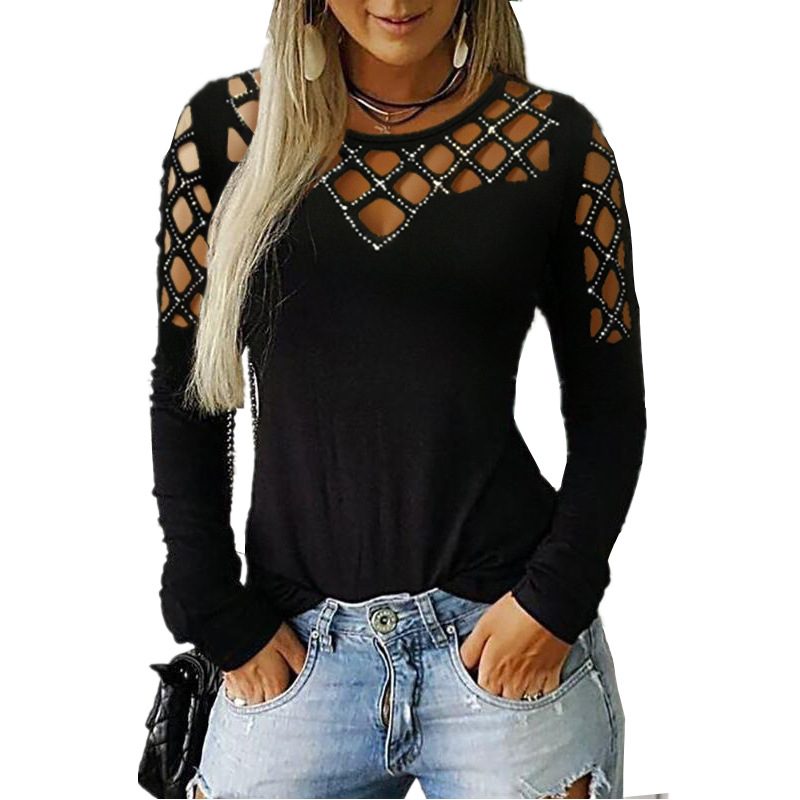 Lace Hollow Out Long Sleeve T Shirt Rhinestone Embellished Autumn Winter Fashion Wholesale Avail