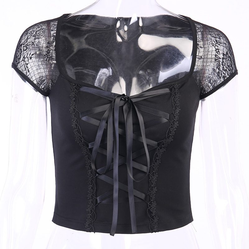 Lace Panel Short Sleeve Top Sexy Street Style Square Neck Slim Fit Womens Fashion for Casual Out