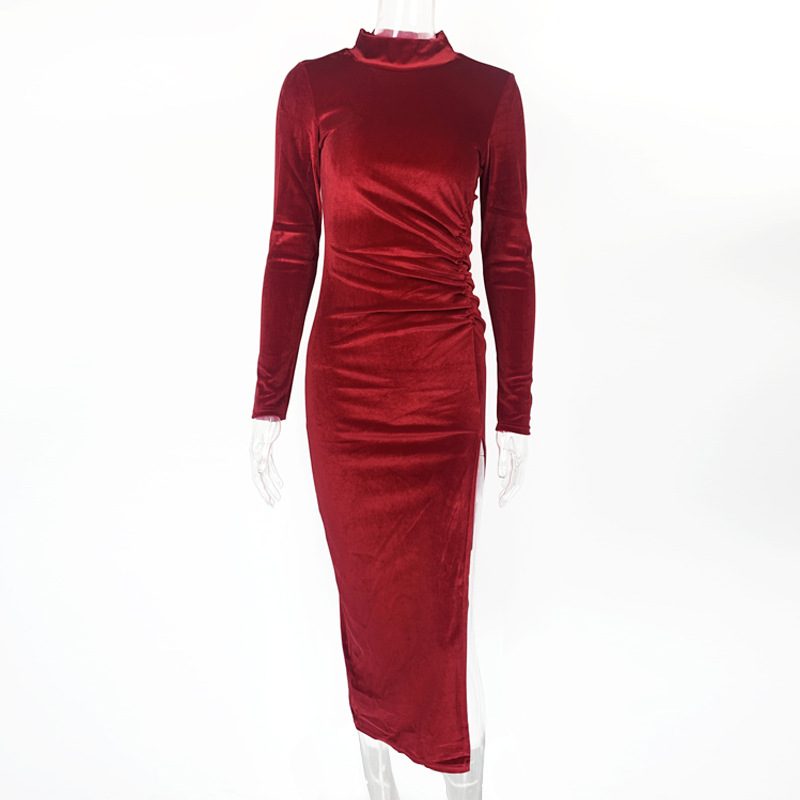 Elegant High Neck Long Sleeve Dress Pleated Design Side Slit Fashionable Style Perfect for Autum