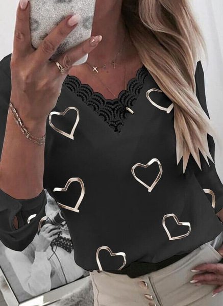Heart Print V Neck Long Sleeve T Shirt for Women Summer Collection Casual Wear Ready to Ship Who