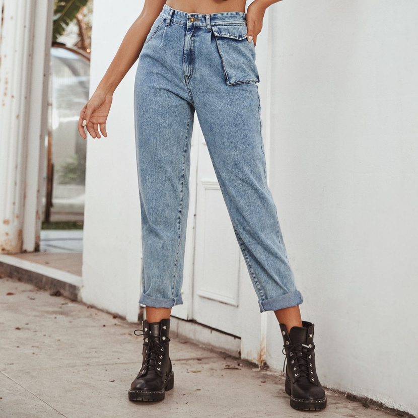 High Waisted Denim Cargo Pants Stylish Versatile Pocketed Design Casual Wear for Women Ready to