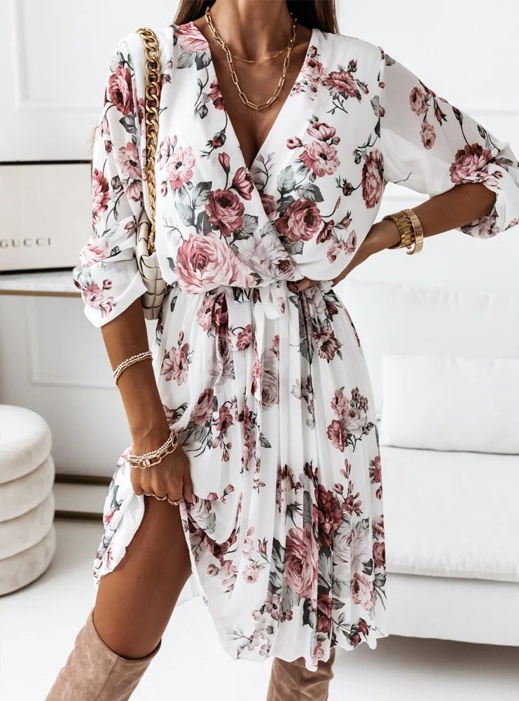 Chiffon Long Sleeve Printed Pleated Dress Elegant Design Lightweight Fabric Versatile Style Perf