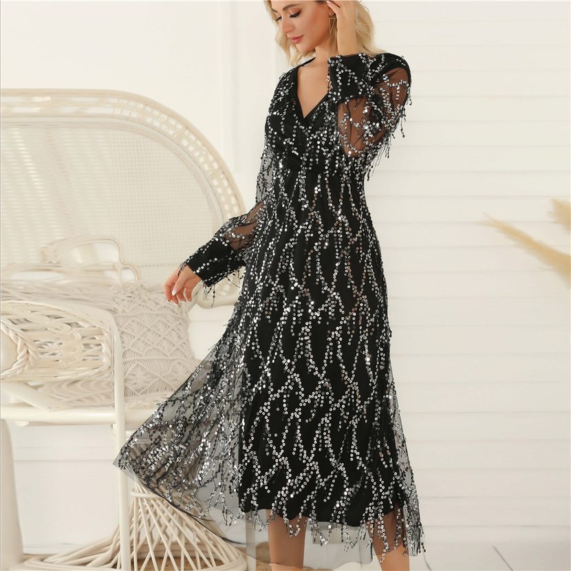 Long Sleeve Sequin Fringe Maxi Dress for Women Spring Summer Fashion Elegant Evening Wear Wholes
