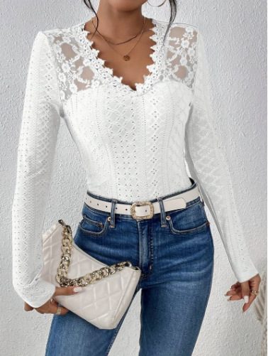 Lace Hollow Out Long Sleeve Womens Top Sexy Design Floral Pattern Elegant Style Perfect for Even