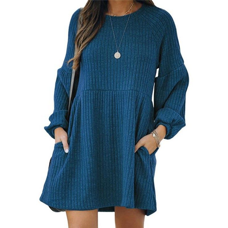 Womens Knit Long Sleeve Dress Ribbed Cotton Blend Short Length Autumn Winter Style Wholesale Ava