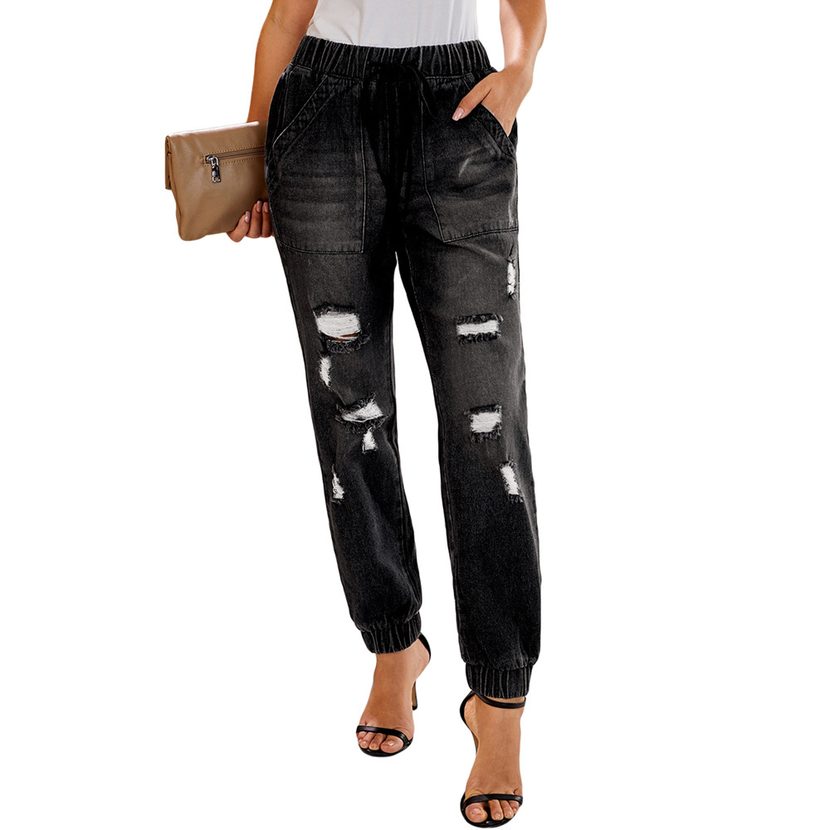 High Waisted Ripped Denim Jeans for Women Blue Stretchy Slim Fit Casual Wear Everyday Style Whol
