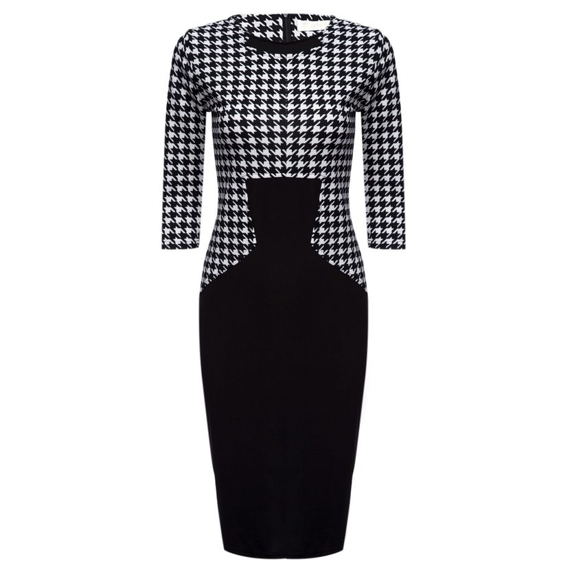 Houndstooth Pattern Midi Dress Slim Fit Short Sleeve Casual Style Perfect for Spring and Summer