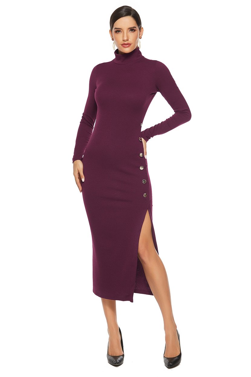 Long Sleeve Knitted Dress for Women Solid Color Side Slit Slim Fit Casual Autumn Winter Wear