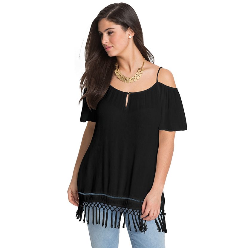 Plus Size Womens T Shirt Solid Color Sexy Off Shoulder Short Sleeve Fringed Hem Casual Wear Whol