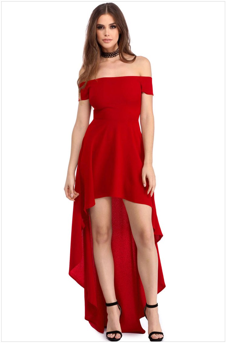 Off Shoulder Short Sleeve Dress High Low Hem Elegant Design Perfect for Nightclub or Evening Eve