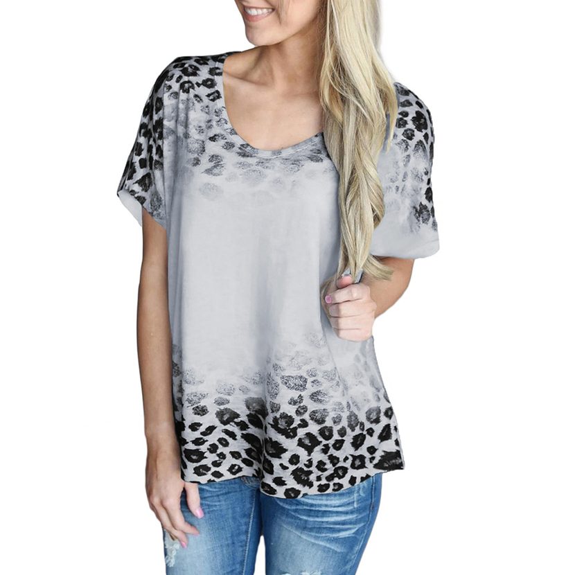 Leopard Print Womens T Shirt V Neck Short Sleeve Loose Fit Casual Style Summer Wear Wholesale Av
