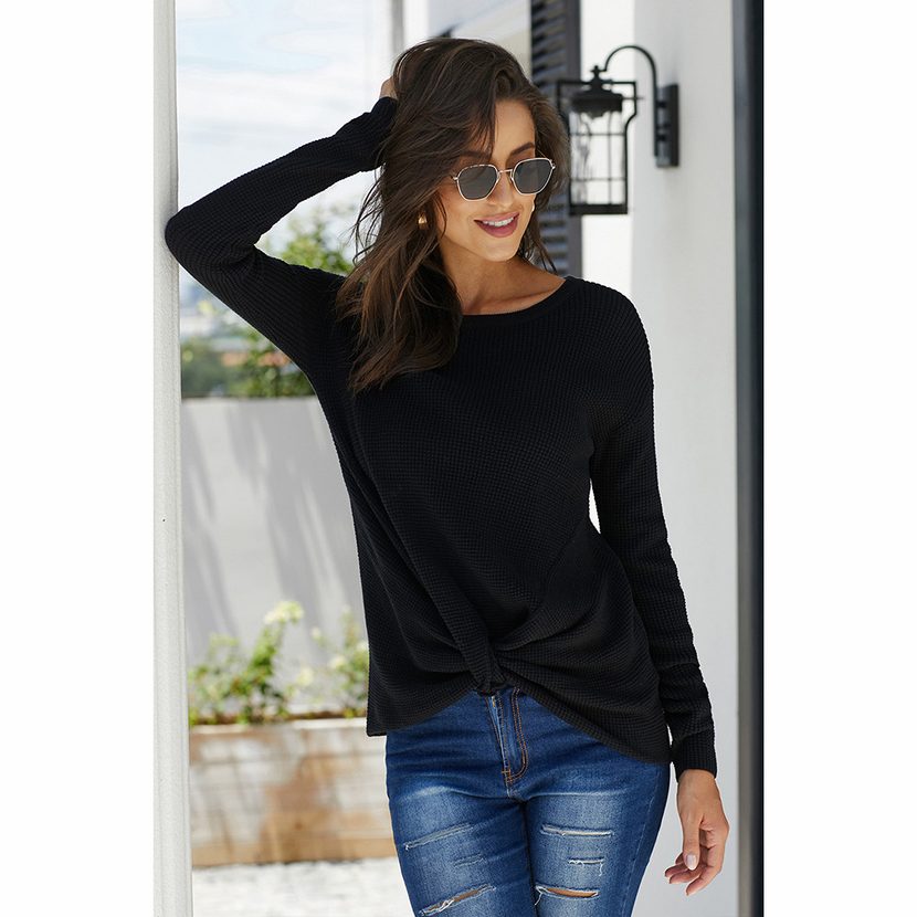 Womens Pullover Sweater Long Sleeve Round Neck Waist Tie Solid Color Casual Wear for Fall Winter Wholesale