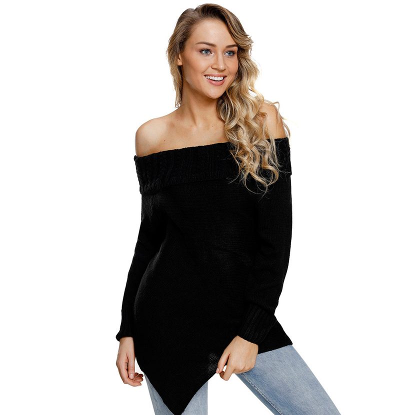 Asymmetrical Long Sleeve Wool Knit Sweater Solid Color Off Shoulder Neckline Womens Fashion Perf