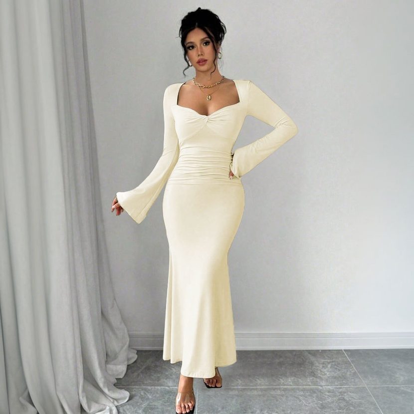 Elegant Ankle Length Dress Chic Cold Shoulder Design High End Fabric Perfect for Fall Winter Who