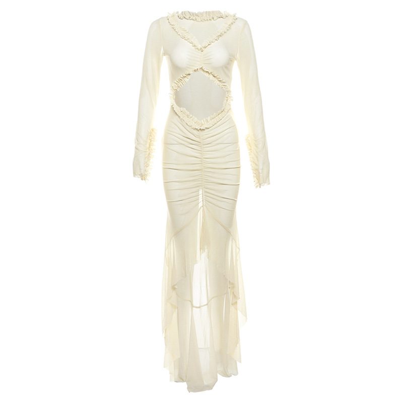 Summer Womens Dress V Neck Sheer Hollow Out Ruffled Lace Slim Fit Perfect for Parties and Events