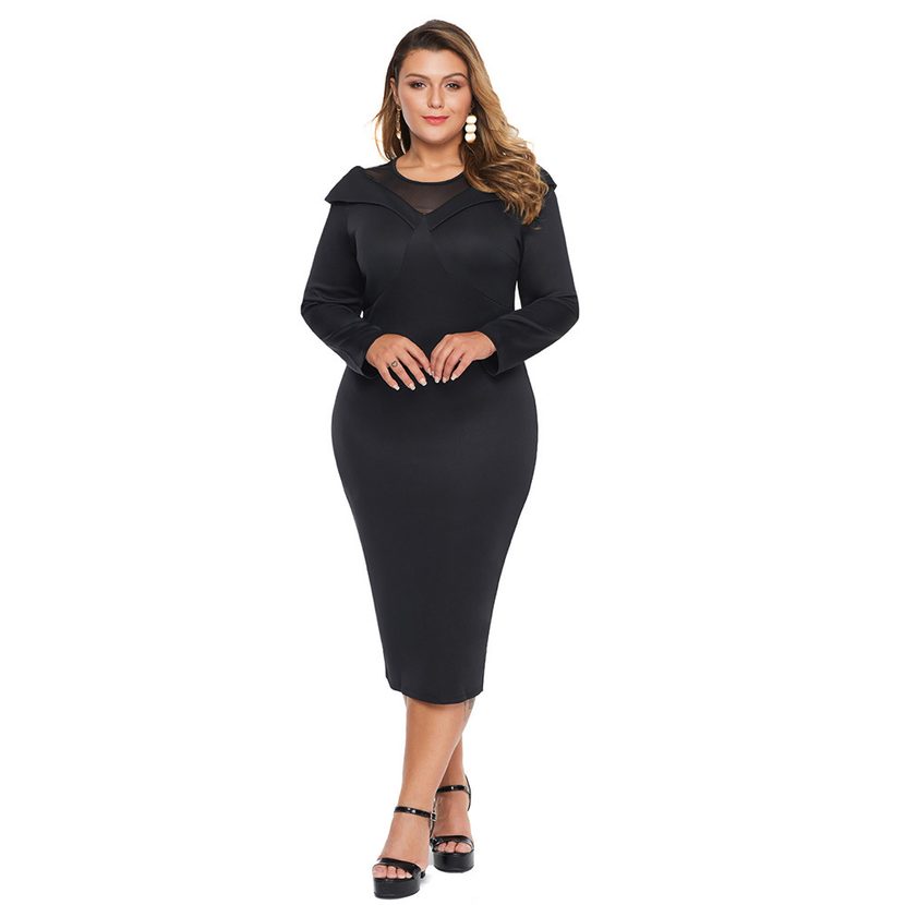 Plus Size Womens Elegant Mesh Panel Evening Dress Mid Length Skirt for Fall in Multiple Sizes