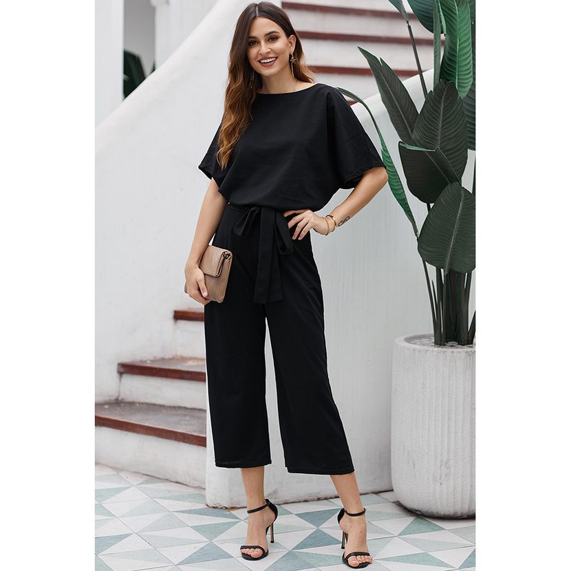 High Waisted Loose Wide Leg Jumpsuit for Women Short Sleeve Solid Color European Style Summer Ca