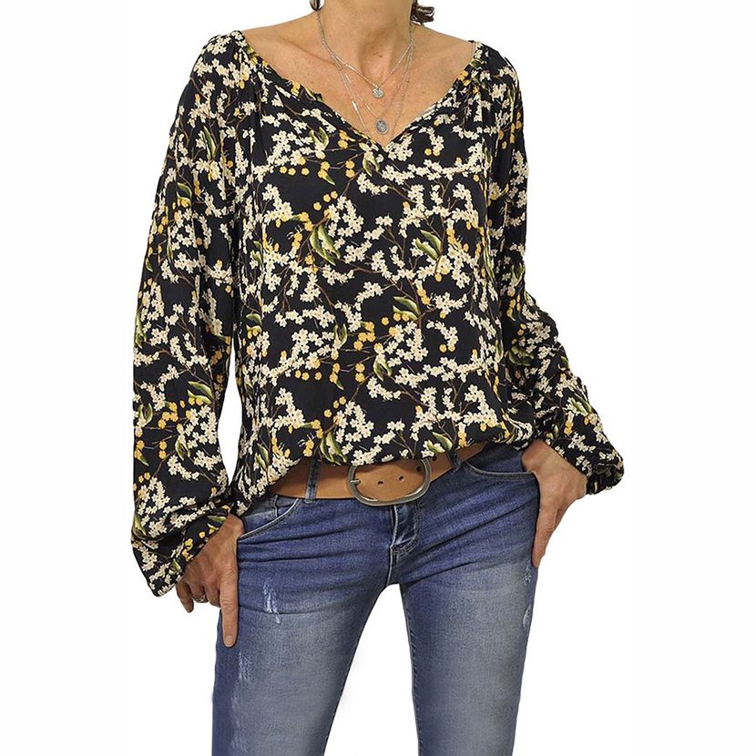 Vintage Floral Print Womens Loose Fit V Neck Long Sleeve Top Autumn Style Casual Wear Wholesale