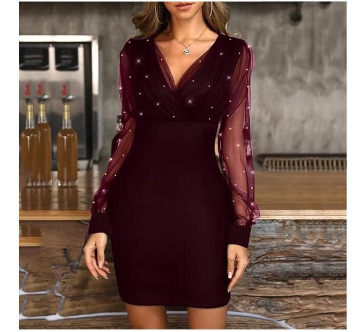 Mesh Panel Bodycon Dress with Shimmering Beads Elegant Evening Wear Perfect for Parties and Spec