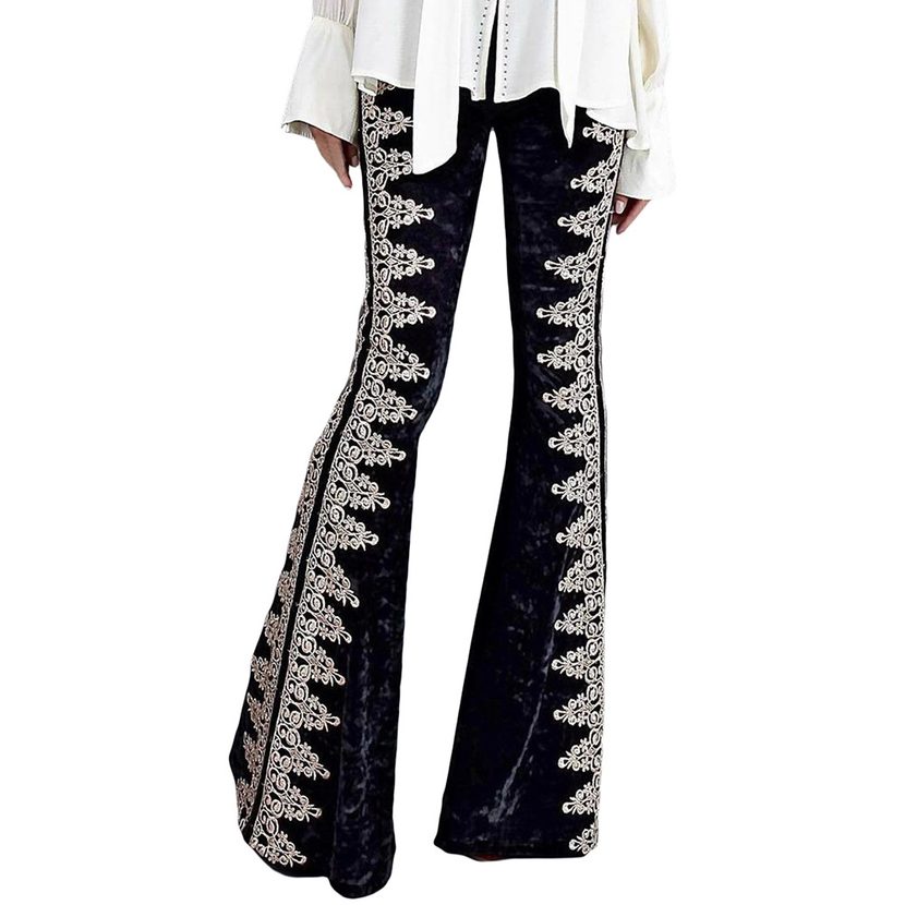 Velvet High Waist Embroidered Flare Pants for Women Slim Fit Casual Trousers Autumn Winter Collection Wholesale