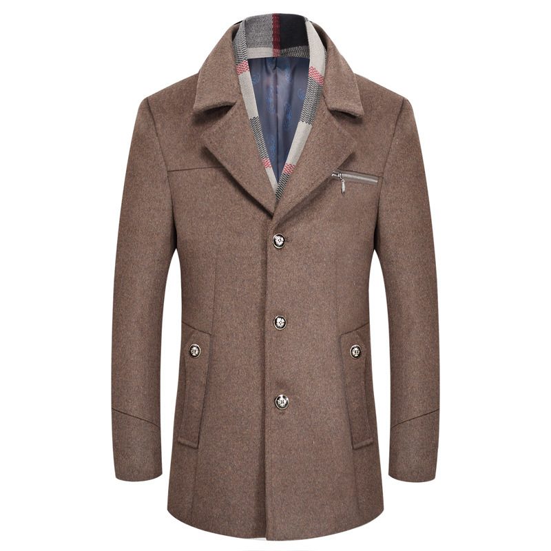 Mens Mid Length Wool Blend Coat Removable Faux Fur Collar Thickened Fabric Stylish Design Perfec