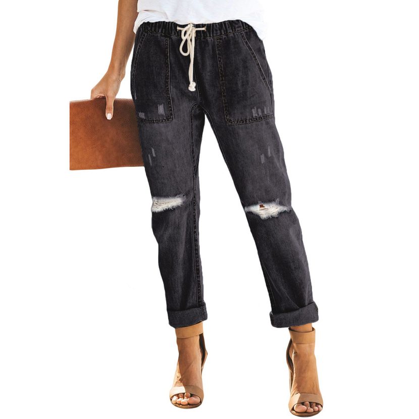 High Waisted Ripped Denim Jeans Slim Fit Distressed Adjustable Tie Autumn Fashion for Women Whol