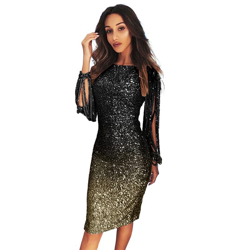 Color Block Sequin Dress Round Neck Fringe Sleeves Elegant Design Perfect for Parties and Gather