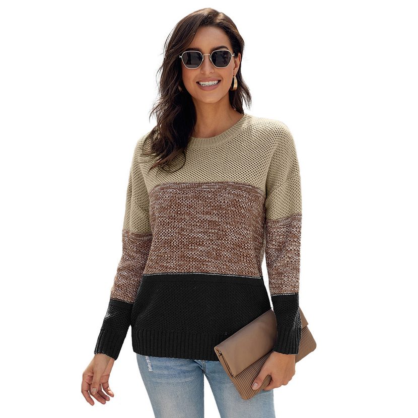 Womens Color Block Knit Sweater Round Neck Long Sleeve Cozy Fabric Winter Casual Wear Wholesale