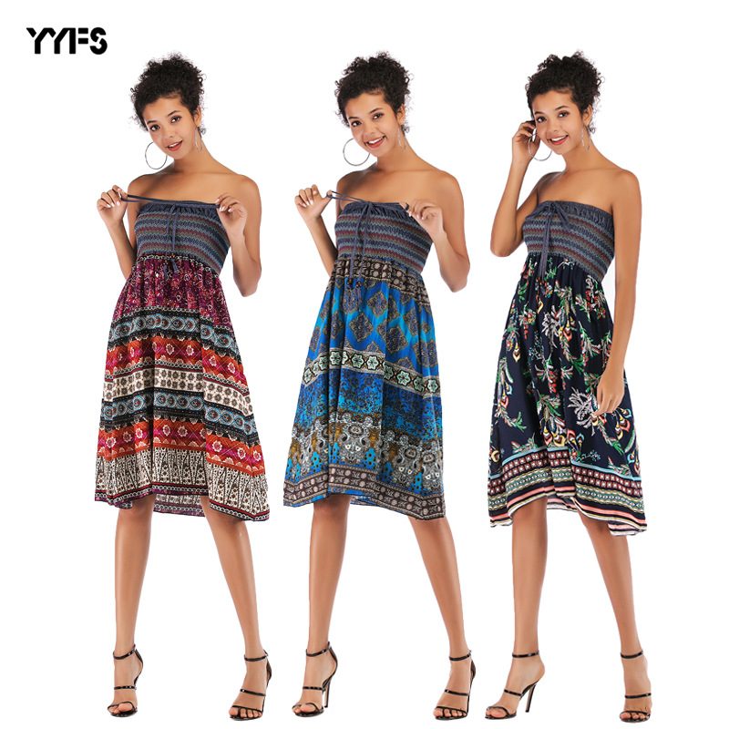Bohemian Maxi Skirt Womens Summer Dress Off Shoulder Neckline Flowy Design Perfect for Casual Ou