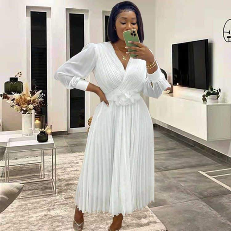 Long Sleeve Solid Color Waist Defined Pleated Maxi Dress for Women Elegant Casual Wear