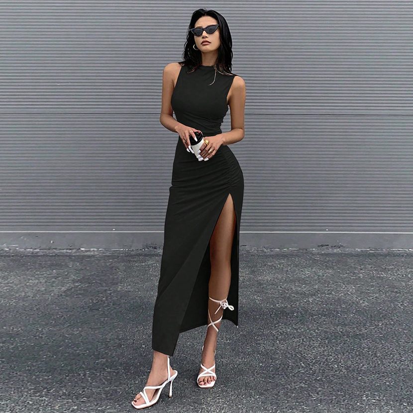 Sleeveless Round Neck Midi Dress Bodycon Fit Side Slit Summer Style Perfect for Casual Outings W