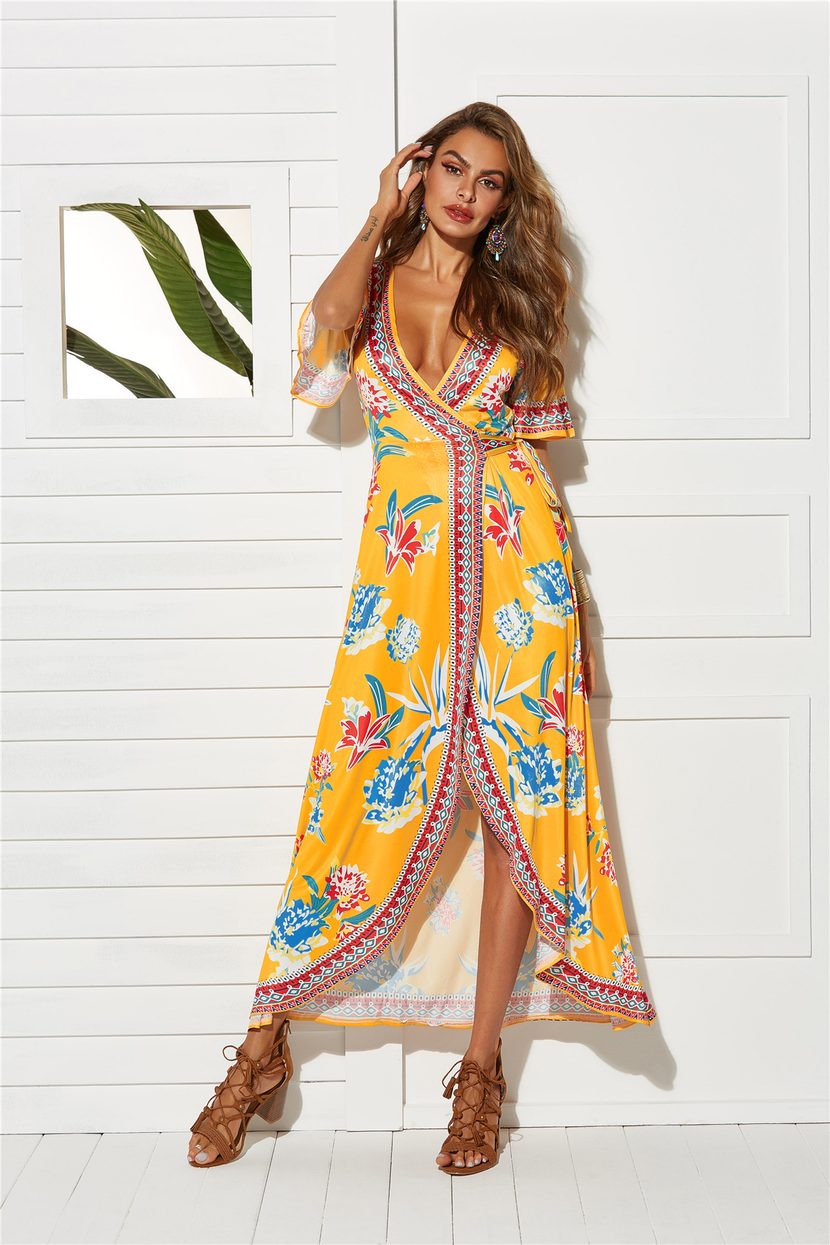 Womens Beach Dress Short Sleeve V Neck Flared Hem Floral Print Vacation Wear
