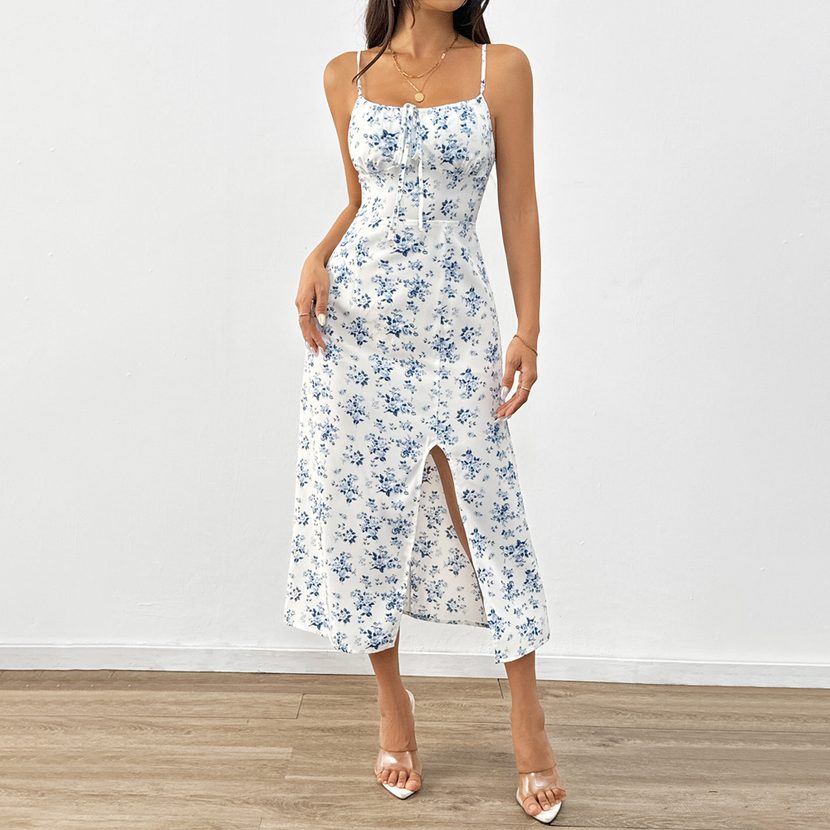 Floral Print A Line Midi Dress Fresh Style High Waist Sleeveless Summer Casual Wear Wholesale Av
