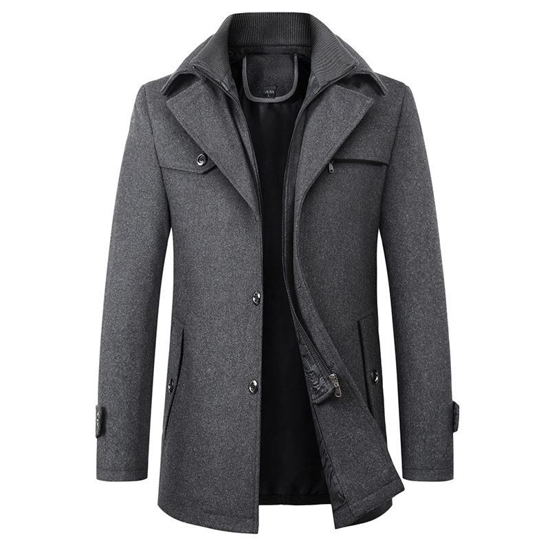 Mens Wool Blend Overcoat Thick Warm Long Length Removable Collar Winter Outerwear