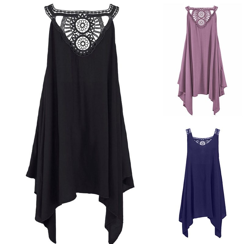 Sleeveless Dress Summer Casual V Neck Loose Fit Midi Length Solid Color Irregular Hem