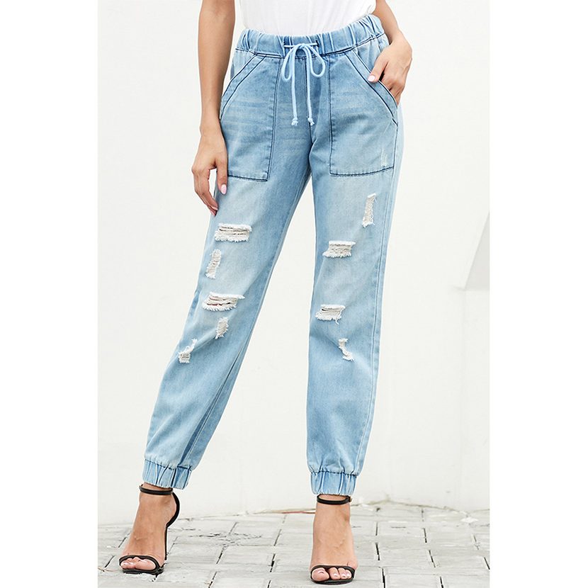 High Waist Loose Fit Womens Denim Jeans with Drawstring and Ripped Details for Casual Wear Wholesale