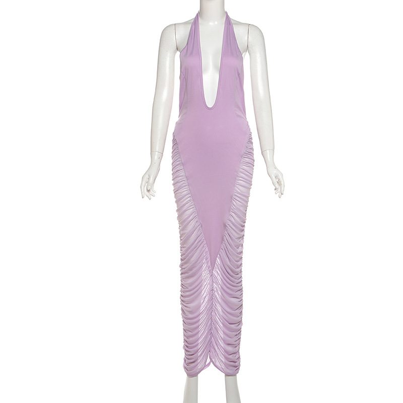 Summer Womens Dress Sexy Halter V Neck Mesh Panel High Waist Long Skirt Perfect for Parties and