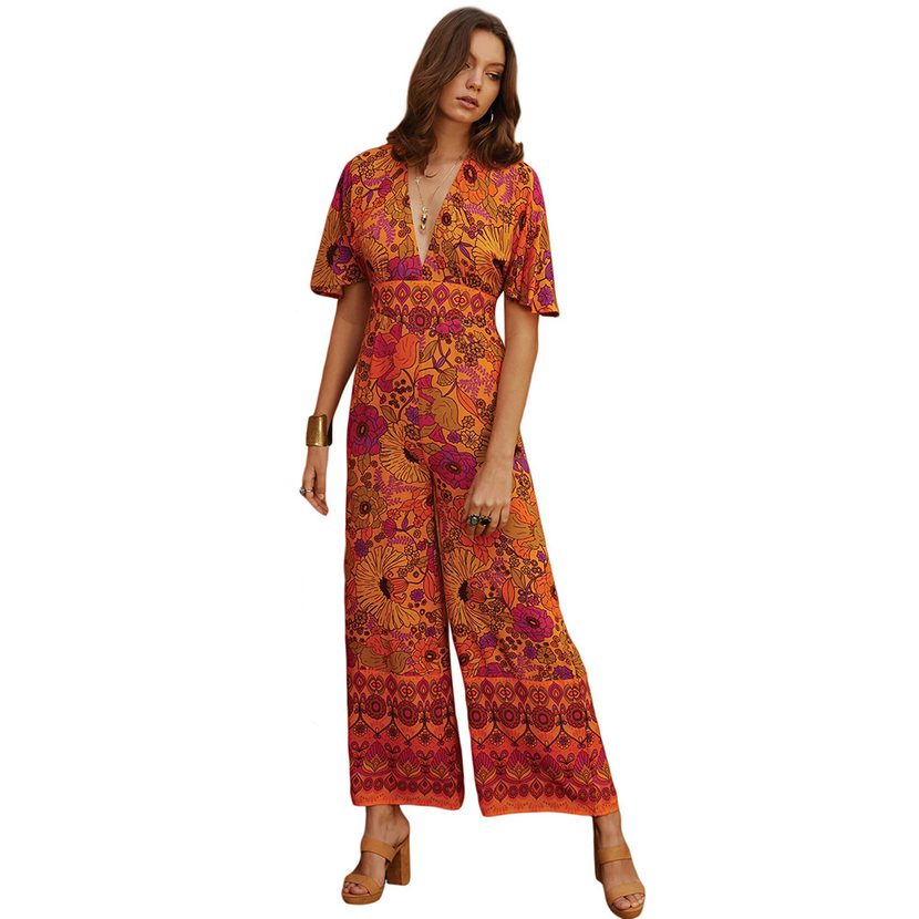 Vintage Floral Print Womens Jumpsuit V Neck Short Sleeve Loose Fit High Waist Wide Leg Summer Casual Wear