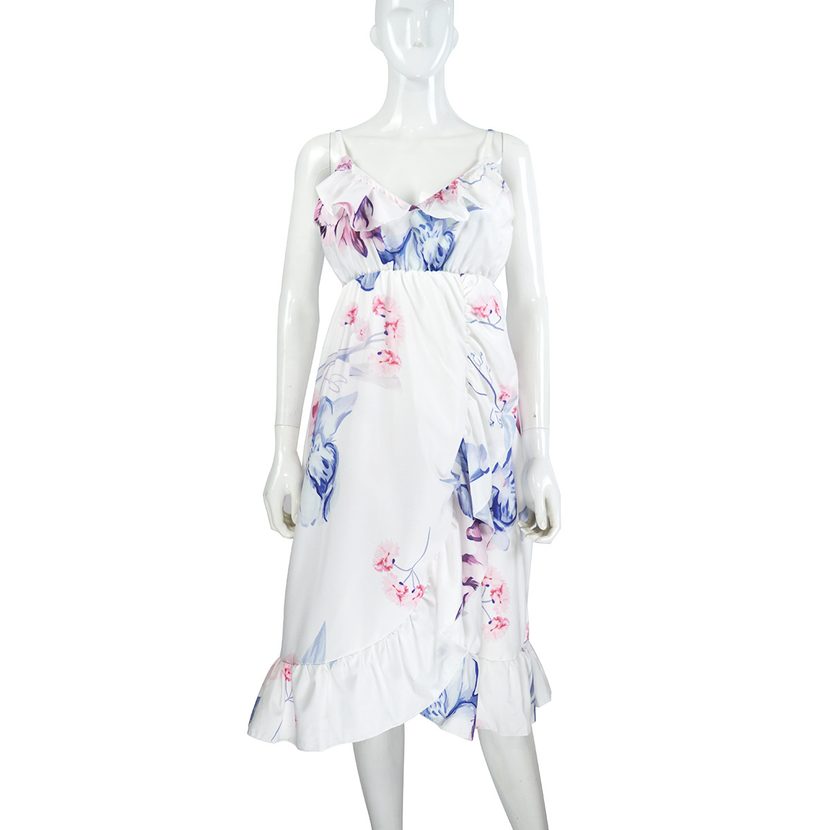 Loose Fit Watercolor Print Deep V Neck Ruffle Strap Maternity Dress for Summer Casual Wear Wholesale