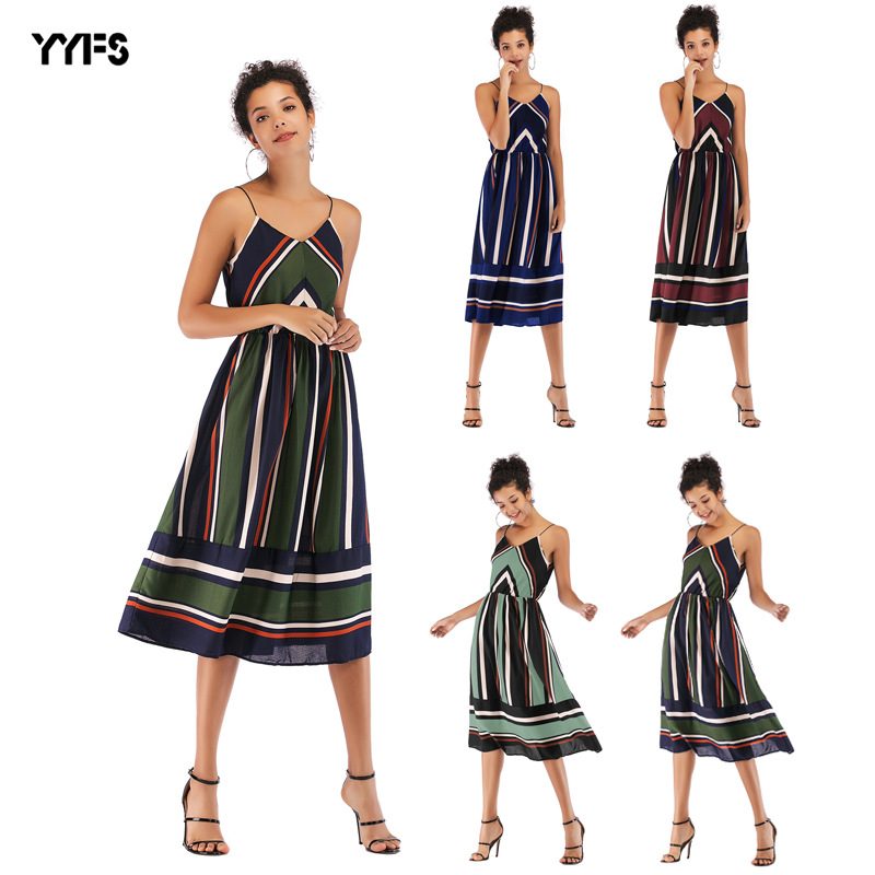 Womens Striped Color Block Chiffon Midi Dress V Neck Sleeveless Lightweight Fabric Spring Summer