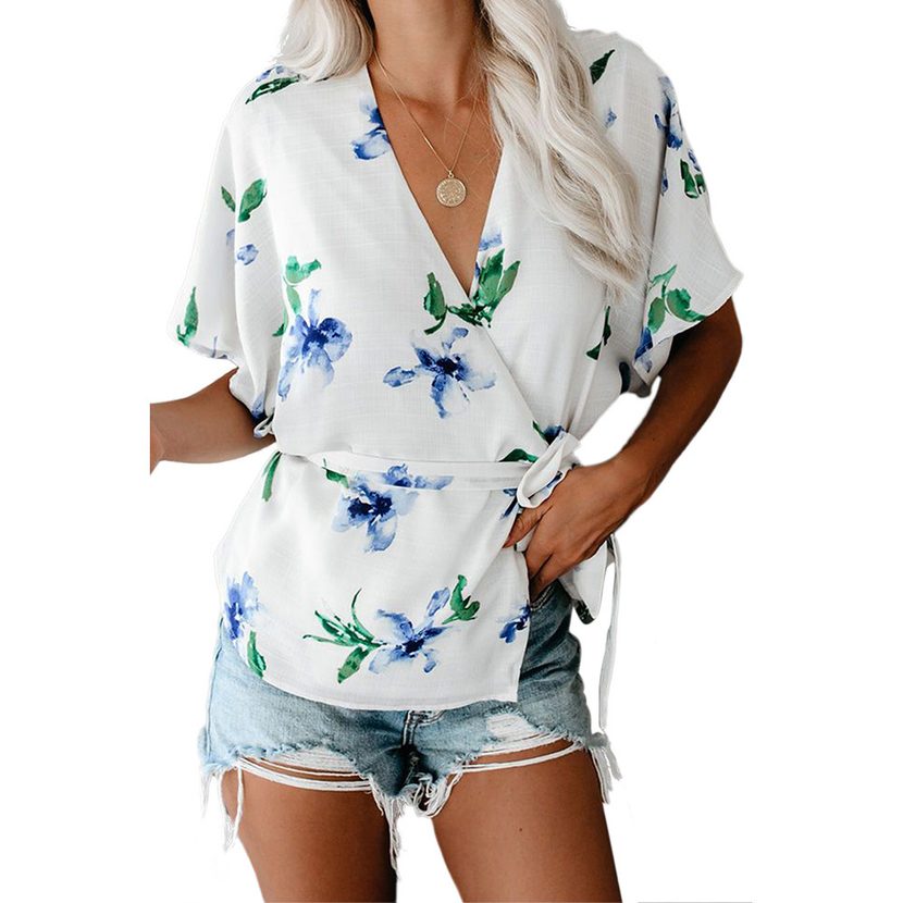 Womens V Neck Printed Short Sleeve T Shirt Loose Fit Wrap Style Summer Fashion Wholesale Availab