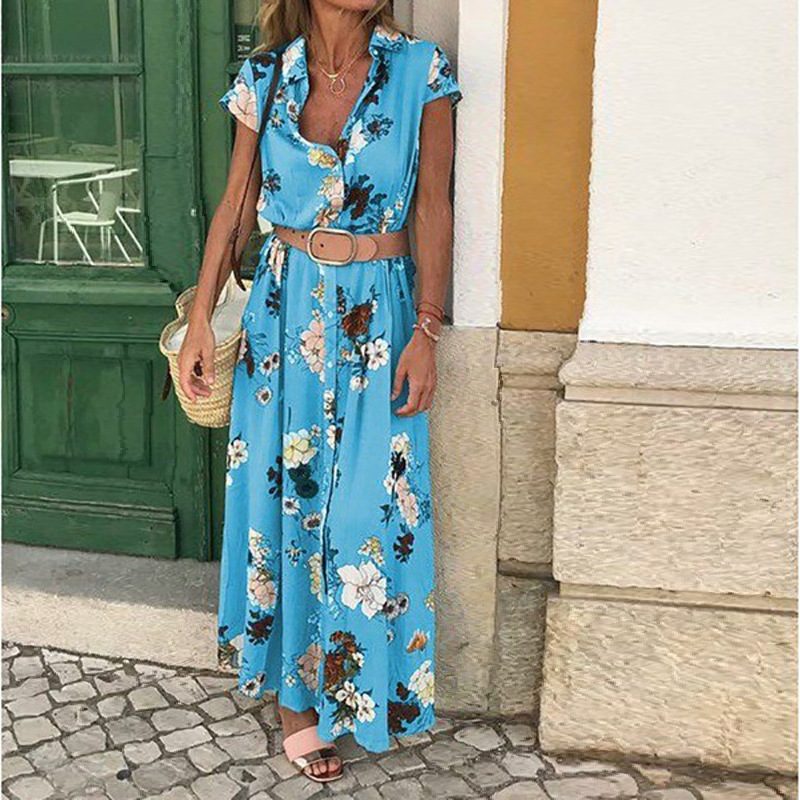 Bohemian Vintage Floral Maxi Dress V Neck Loose Fit Summer Vacation Style low MOQ