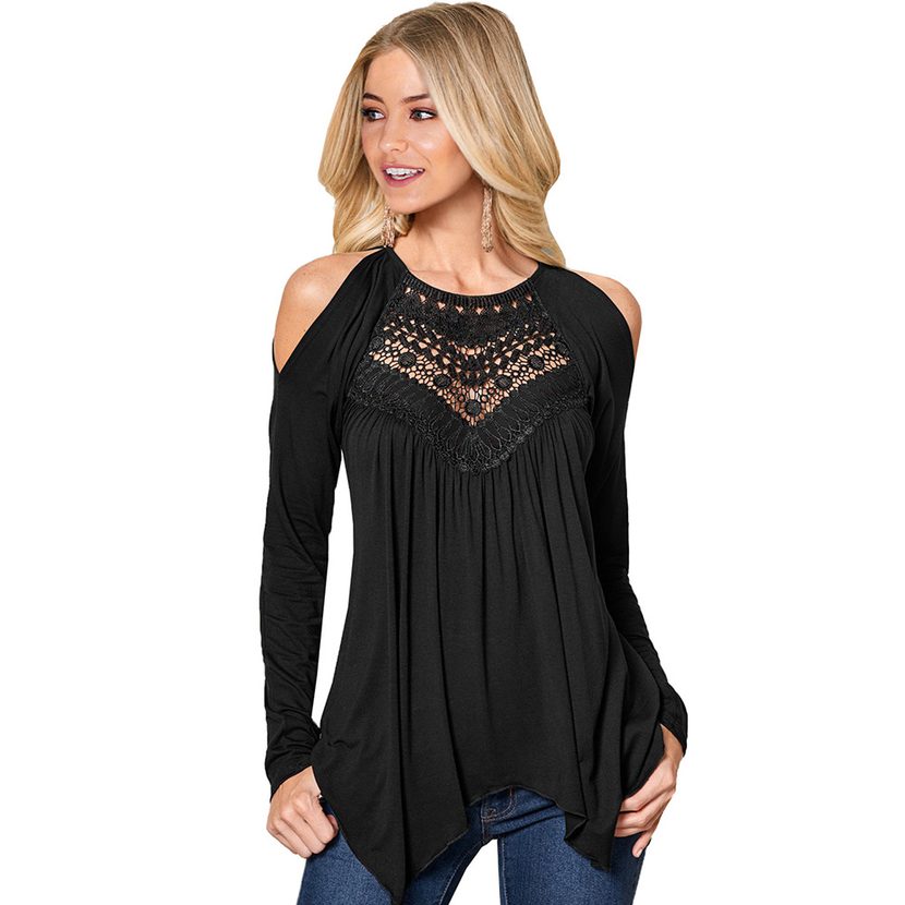 Off Shoulder Round Neck Long Sleeve Womens T Shirt European Style Lace Embroidery Straight Fit C