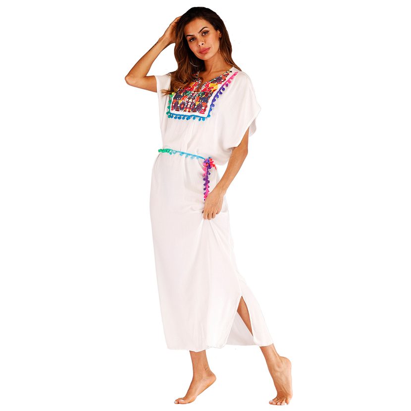 Embroidered Colorful Tassel Split Long Beach Cover Up Dress Stylish Bohemian Design Perfect for