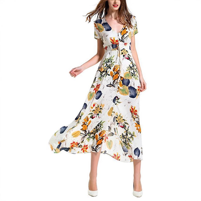 Bohemian Vintage Floral Maxi Dress V Neck Loose Fit Summer Vacation Wear custom packaging