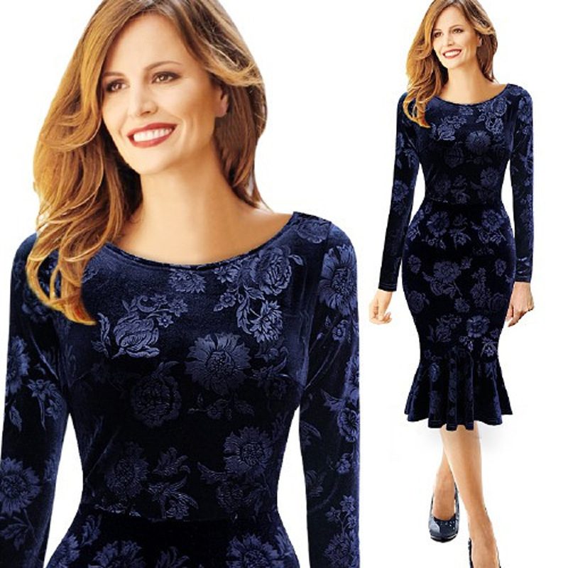 Womens Mermaid Hem Dress Round Neck Long Sleeve Elegant Design Autumn Collection
