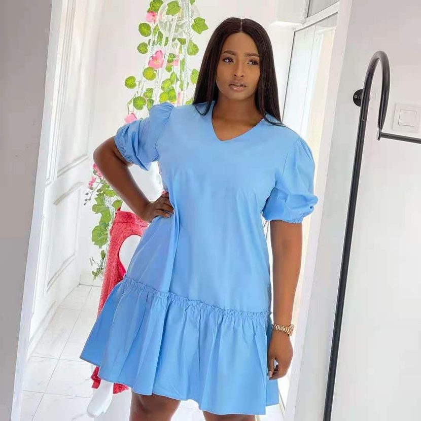Womens Summer Dress Solid Color V Neck Ruffle Short Sleeve Casual Fit low MOQ custom packaging