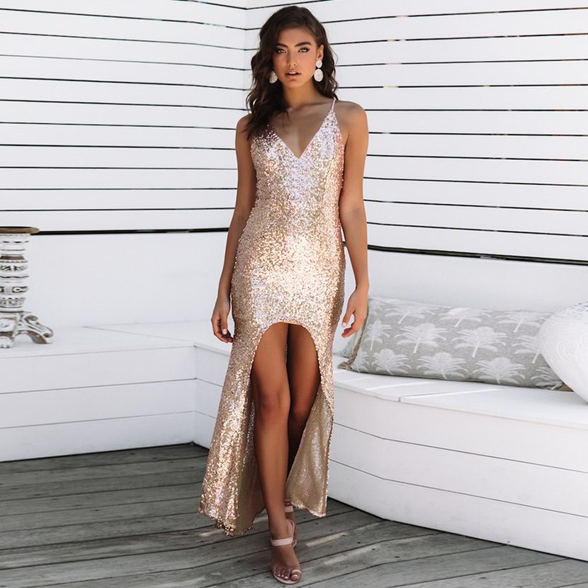 Summer Womens Sequin Maxi Dress Elegant A Line Silhouette Sleeveless Spaghetti Strap