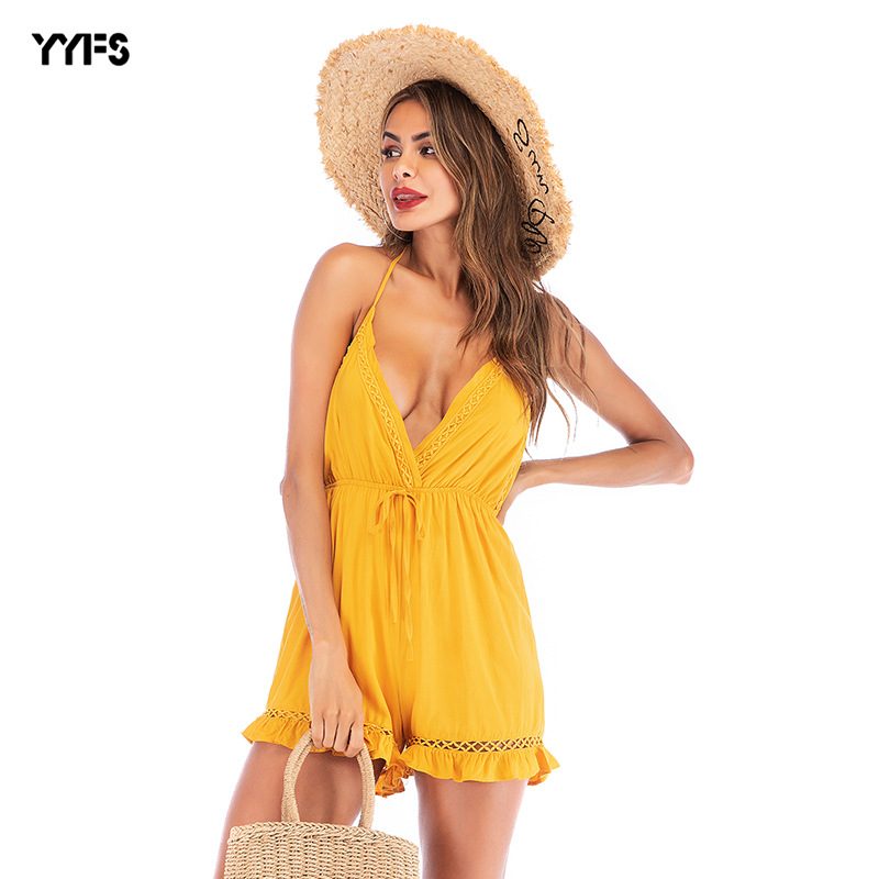 Summer Womens Backless V Neck Ruffle Hem Jumpsuit Casual Beachwear Lightweight Fabric Stylish De