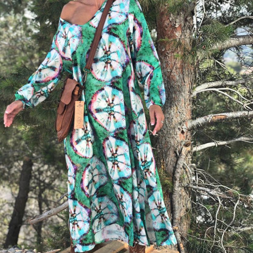 Floral Print Maxi Dress for Women Long Sleeve Loose Fit Spring Summer Casual Wear